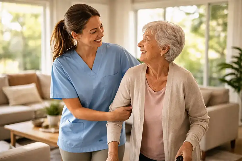 Nurse assisting elderly senior woman